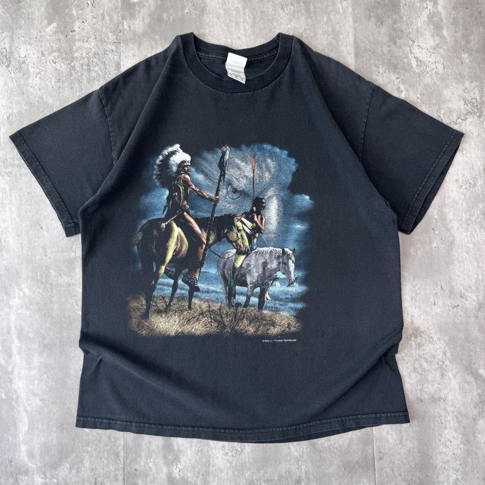Vintage Thunder Sportswear T Shirt Mens L Black Native American Horses 90s